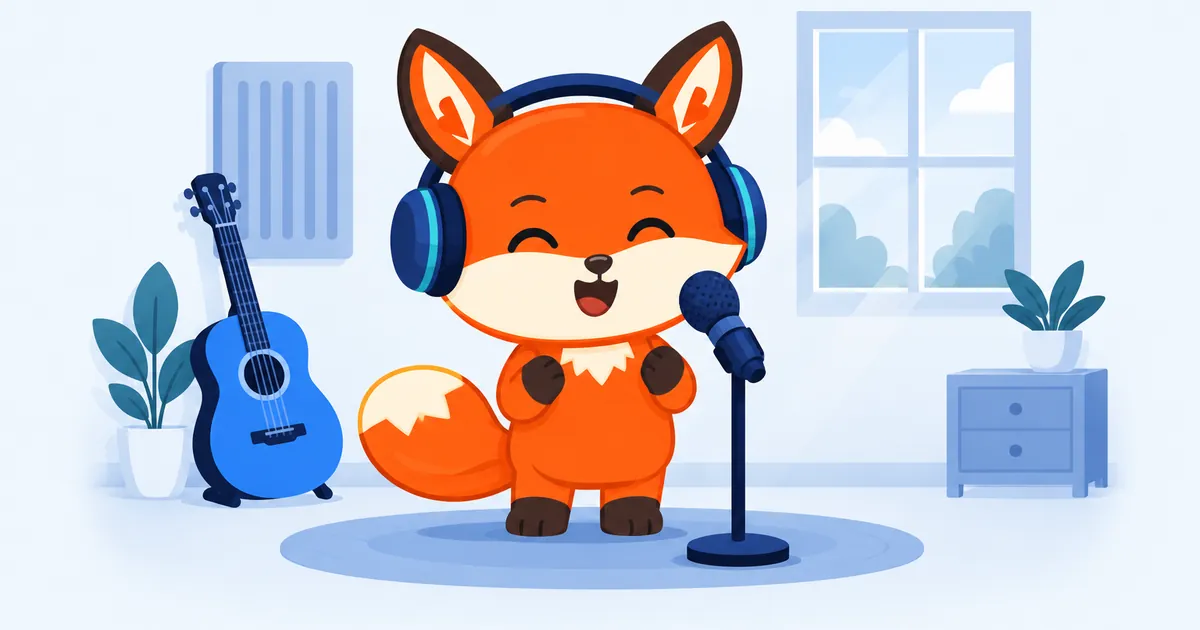 Un zorro naranja con auriculares canta con los ojos cerrados delante de un micrófono en un pequeño estudio de música con una guitarra al fondo.
