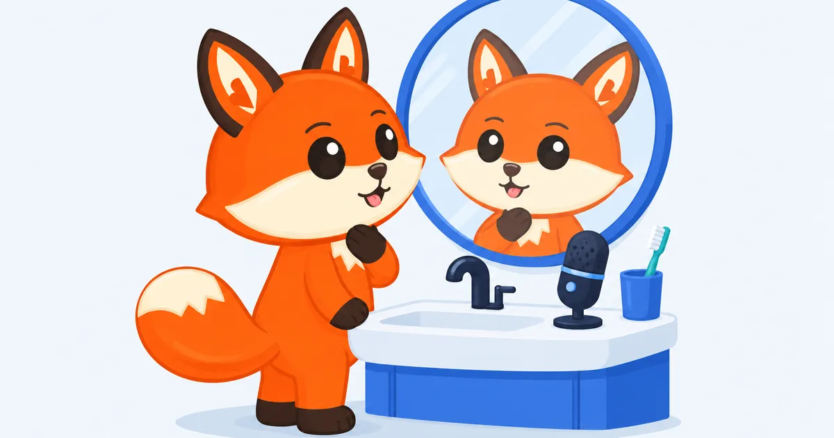 Enu, el zorro naranja, se mira la boca en el espejo del lavabo con una pata junto a la garganta; en el lavabo hay un micrófono pequeño.